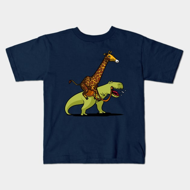 Giraffe Riding T-Rex Dinosaur Kids T-Shirt by underheaven